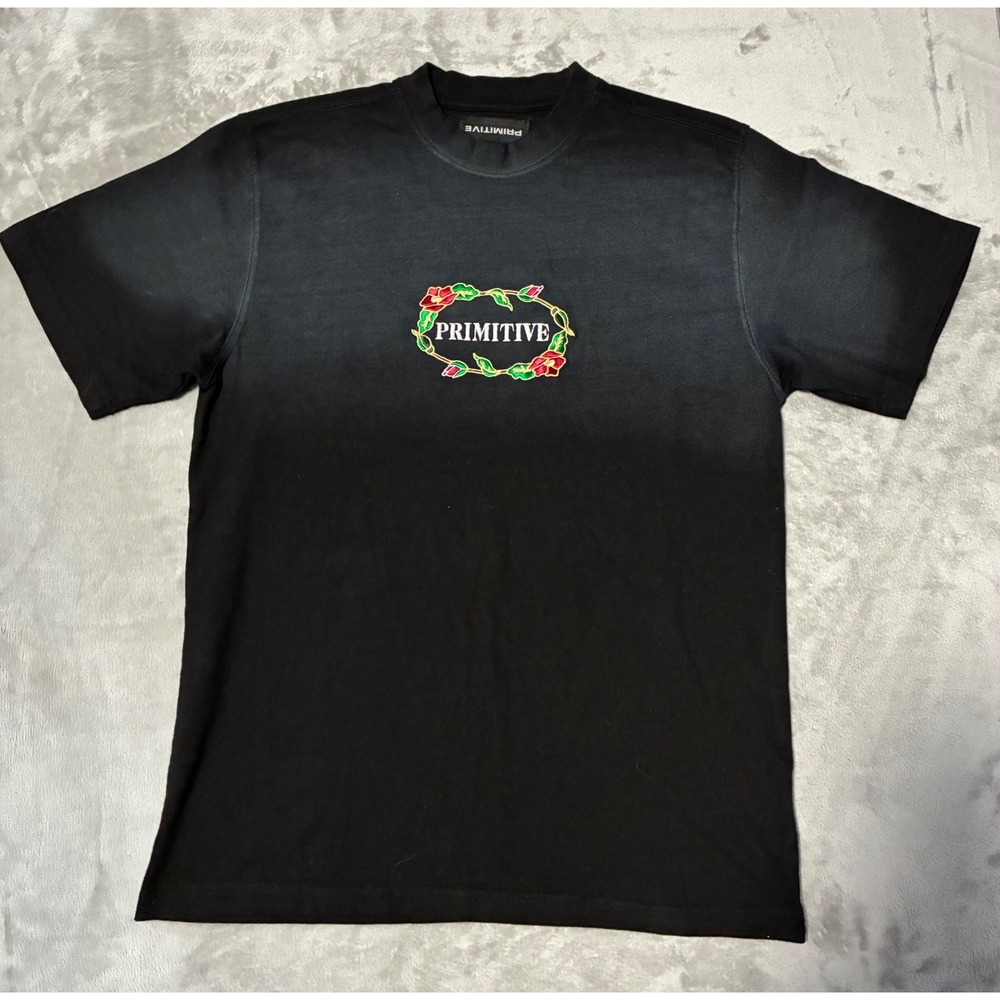 Primitive Skateboarding Men Black Ombre Rose Embroidered Logo T-Shirt Size M
